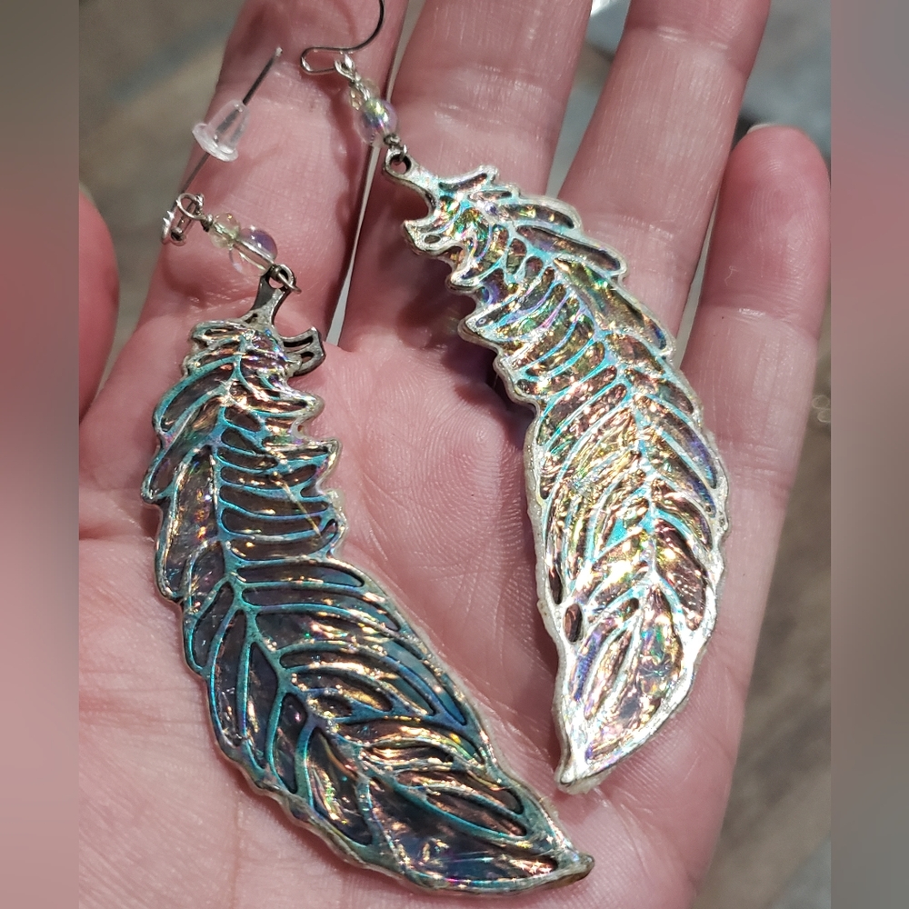 Handmade Iridescent Cellophane Wrap Feather Earrings